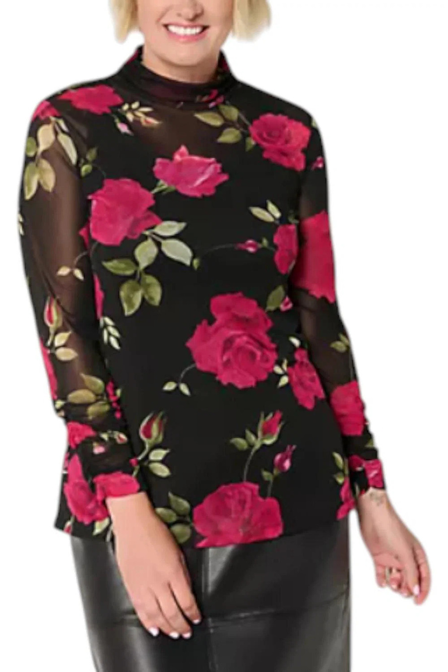 Susan Graver Women's Printed Ruched Mock Neck Top w/Tank Scarlet/Black - Regular